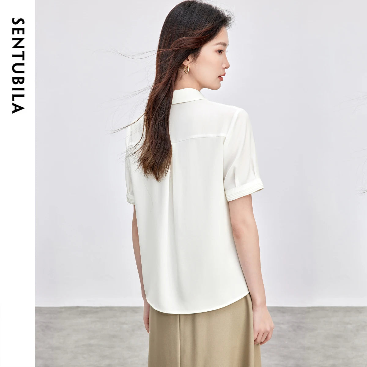 SENTUBILA Turn Down Collar Shirt Women Summer 2025 Twill Texture Chic Button Short Sleeve Elegant Solid Woman Blouse 152C87931