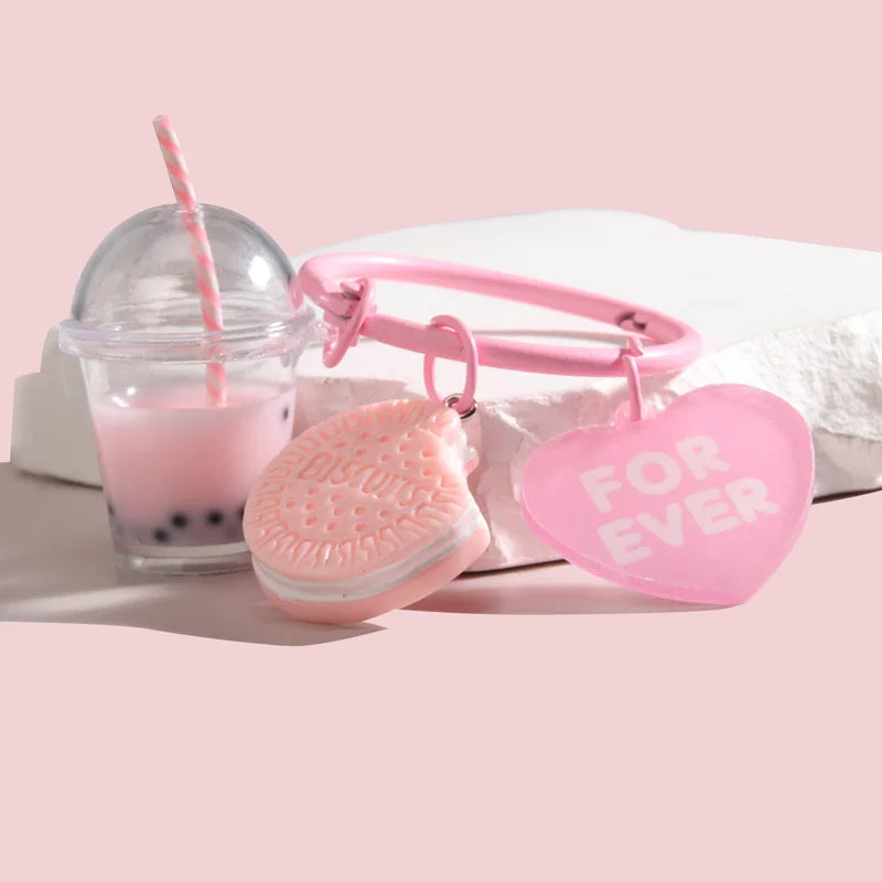 Cute Keychains Ice-cream Bubble Tea Biscuit Pink Key Rings Friendship For Best Friend Women Girl Handbag Gift Jewelry
