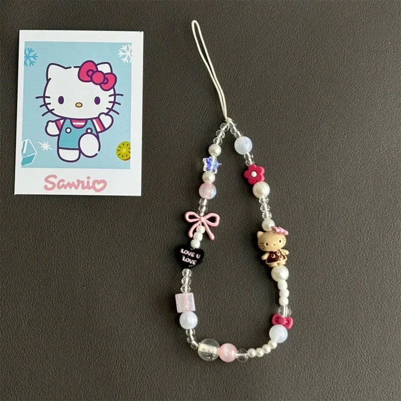 New Anime Cartoon Sanrio Hello Kitty Beaded Phone Chain Cute Girl Ccd Camera Backpack Pendant Decoration Friends Birthday Gift