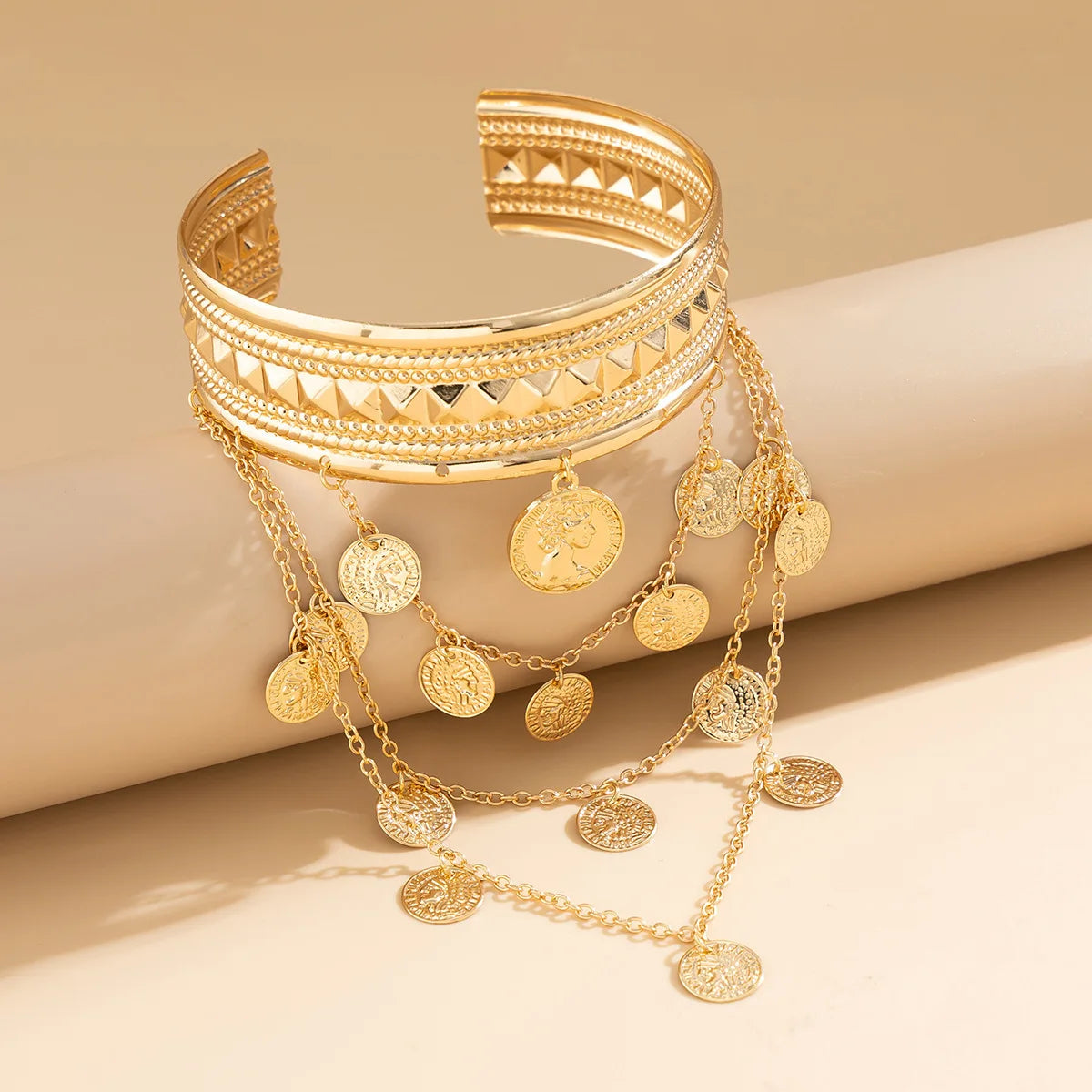 New Trendy Golden Metal Coin Leaf Chain Tassel Upper Arm Bangles Cuff Bracelet Armlet Armband Men Women Jewelry Accessories