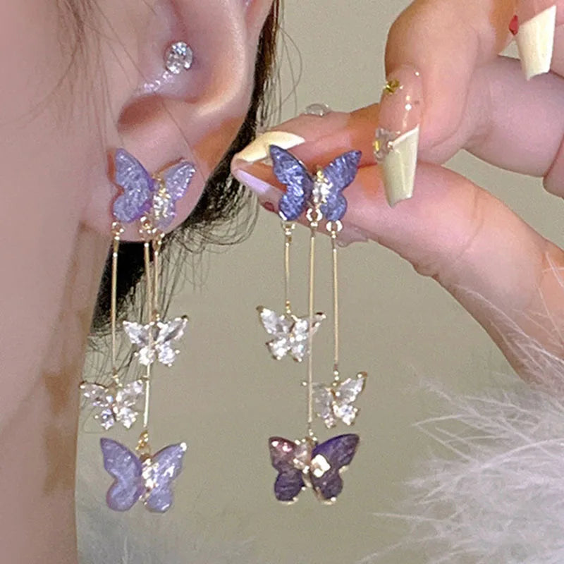 925 Silver Needle Blue Purple Butterfly Long Tassel Earrings For Women Jewelry 2025 Trending New Korean Crystal Drop Earrings