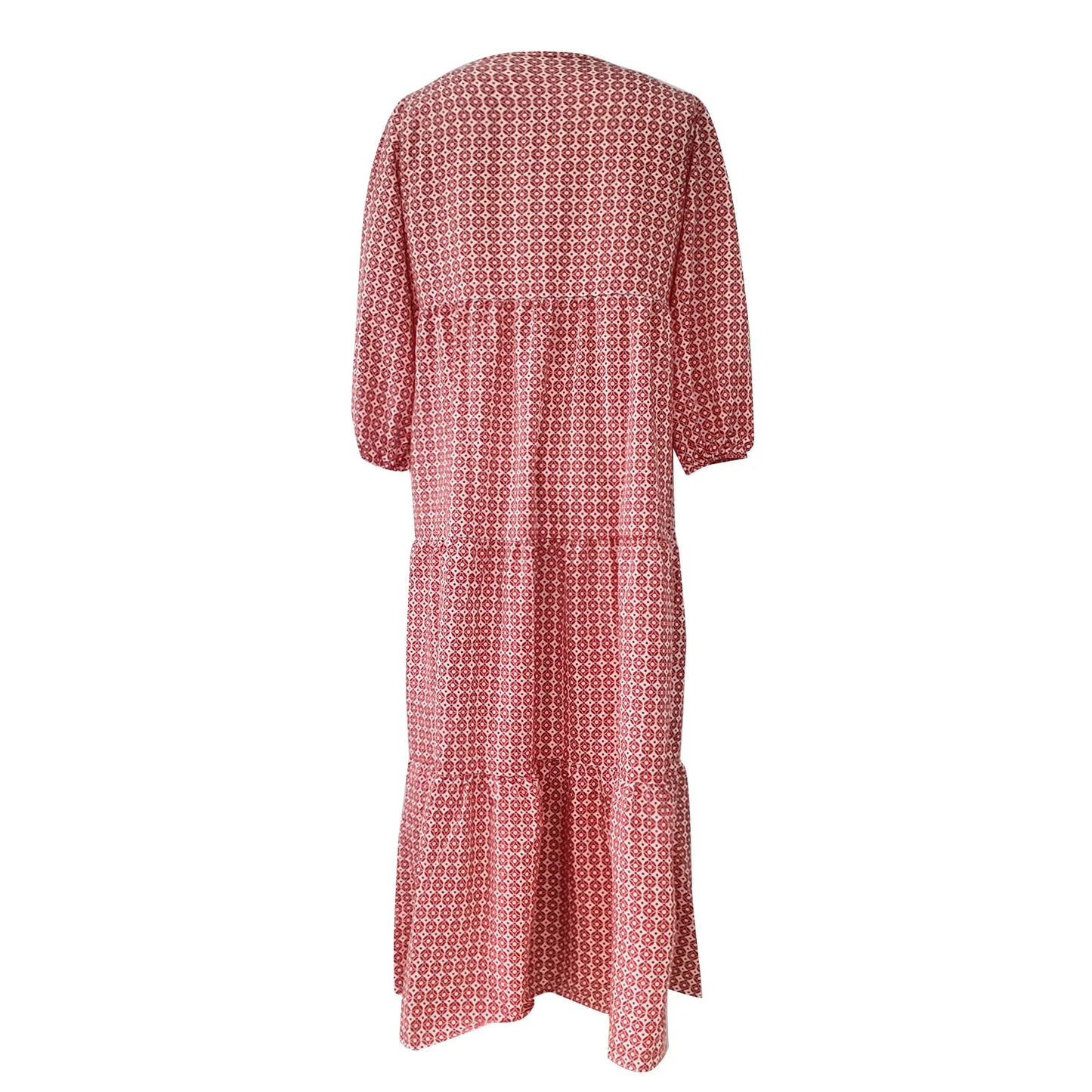 Women's Summer Casual Fashion Geometric Print Neckline Lace-up Bubble Middle-sleeves Ruffle Stitching Big Swing Long Losse Dress