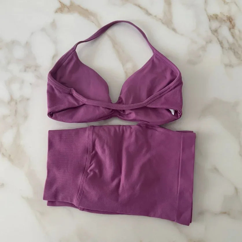 Gym Set Women Two Piece Strappy Yoga Bra Top Workout Scrunch Shorts Suit Fitness Clothes Seamless Sportswear Workout Set