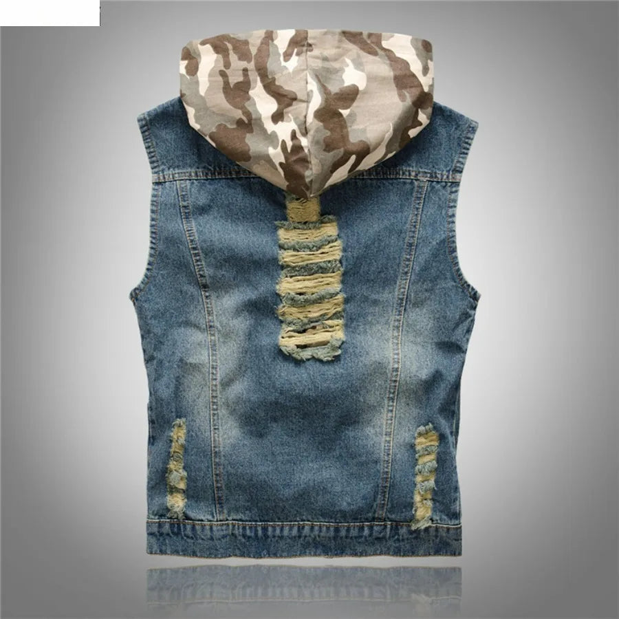 New Men's Korean Style Vest Fashion Slim Camouflage Hooded Waistcoat Casual Sport Denim Vest Sleeveless Jackets for Men 5XL