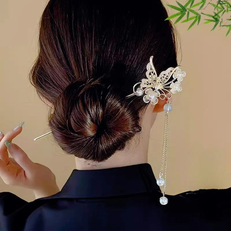 Elegant Chinese Style Hair Clip Tassel Hair Stick Traditional Floral Design Hairstyle Accessory Women Jewelry Hairpin Hairneedle