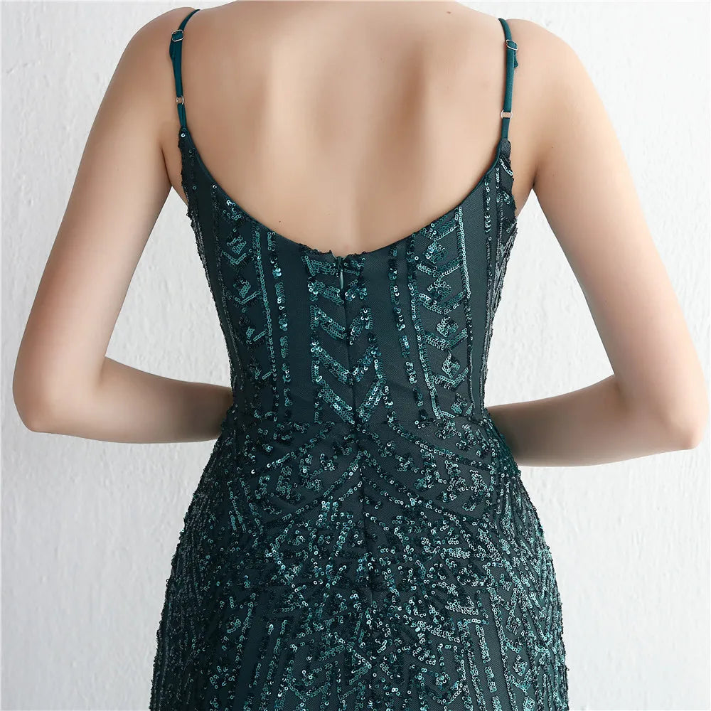 Women's Black Long Sleeve Padded Strap Sequin Dress Length, Sparkles Stretch, V Neck Mermaid, Formal Evening Dress, Night Party