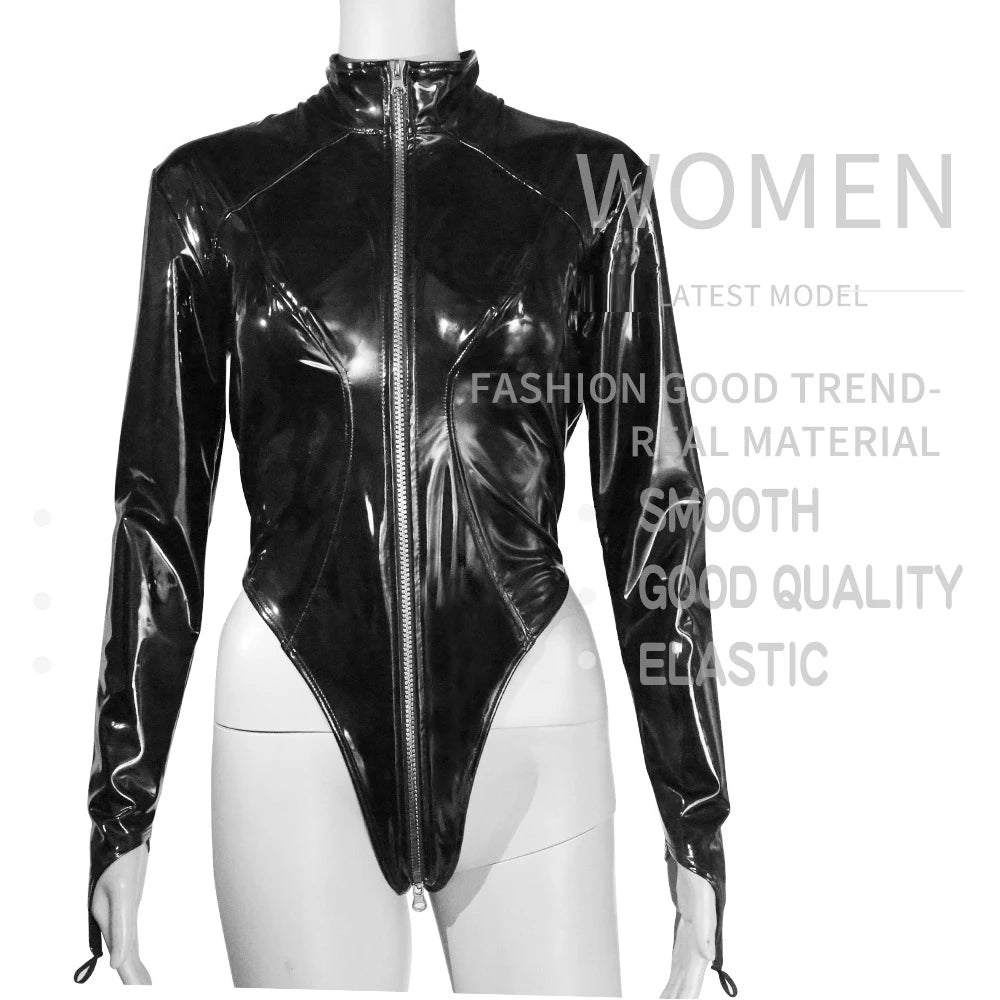 Shiny Faux PU Leather Zipper Open Crotch Bodysuit Wet Look PVC Catsuit Tight Sexy Body Teddies High Cut Swimsuit Leotard Unitard