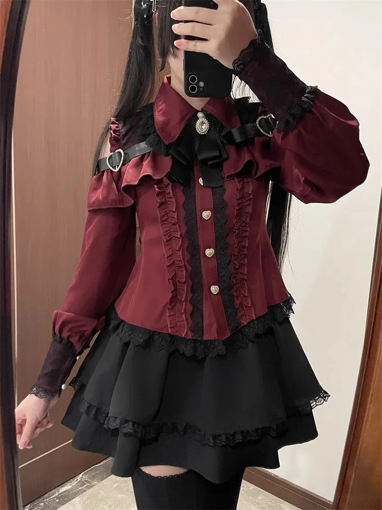 Kawaii Off Shoulder Long Sleeve Shirts Women Black Short Skirt Set Y2K Gothic Ruffle Skirts Lace Lolita Shirt Gown Suit 