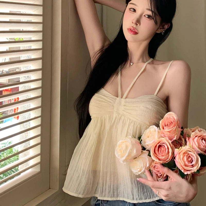 Women Crop Halter Camisole Solid Color Summer Spaghetti Strap Tank Tops Sleeveless T-Shirt for Streetwear Clubwear