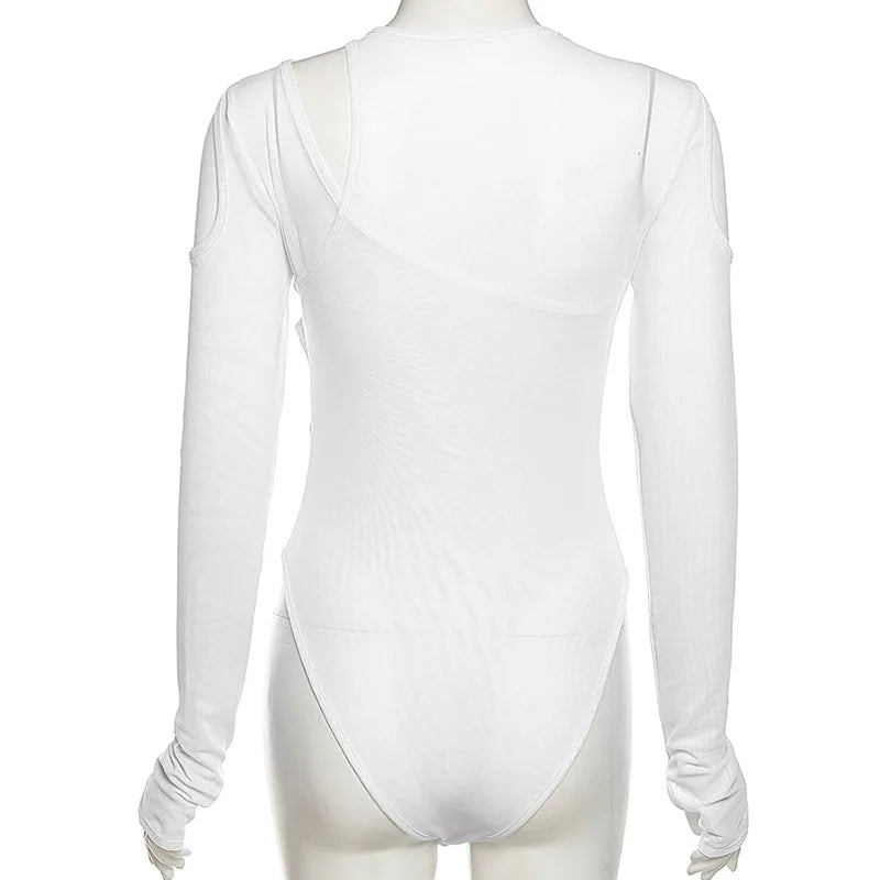Summer Solid Color Bodysuit See-Through Sexy Hollow Design Women Top Jumpsuits Slim Fit For High Street Clubwear Female