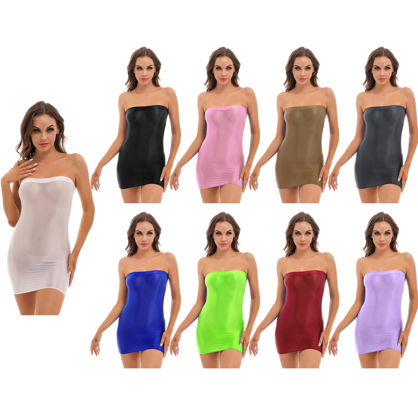 Sexy Women Oil Glossy Sheer Bodycon Dress Females See Through Strapless Pencil Dress Smooth Tight Mini Dress Clubwear
