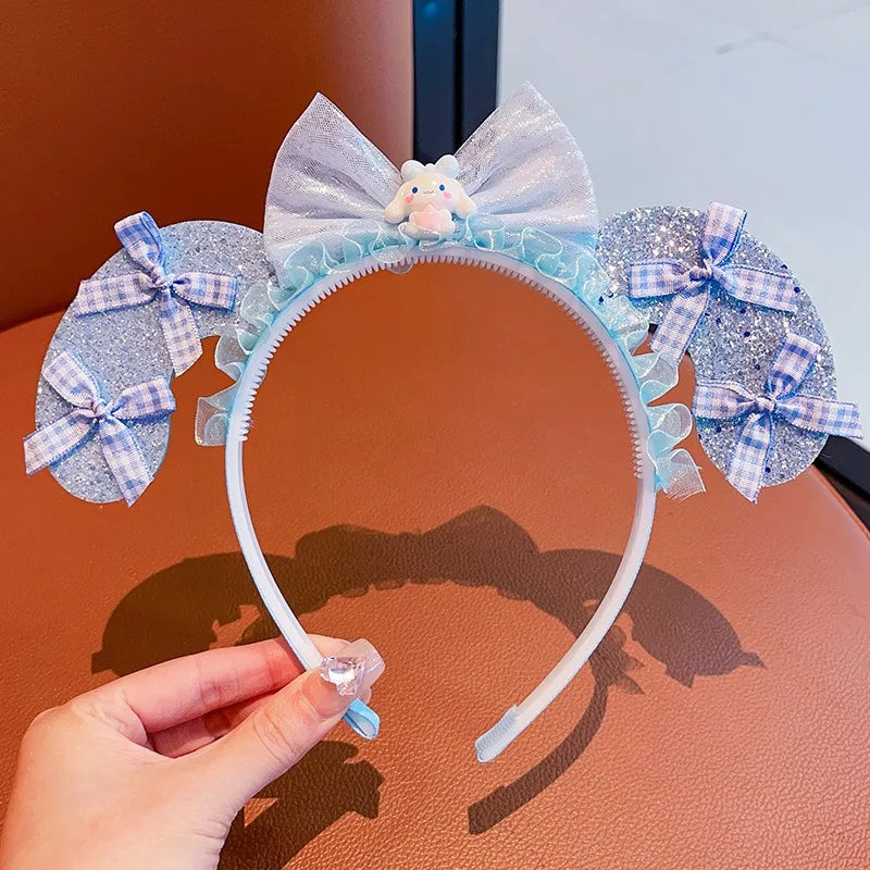 Kawaii Sanrio Kuromi Children Headband Hello Kitty Melody Cinnamoroll Cartoon Bow Shiny Hairband Hair Accessories Christmas Gift