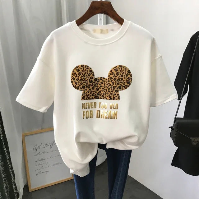 Gold Letter Grapic Leopard T-shirts Women Summer Loose Harajuku Female Black White T Shirt New Casual Women's Clothing Korean