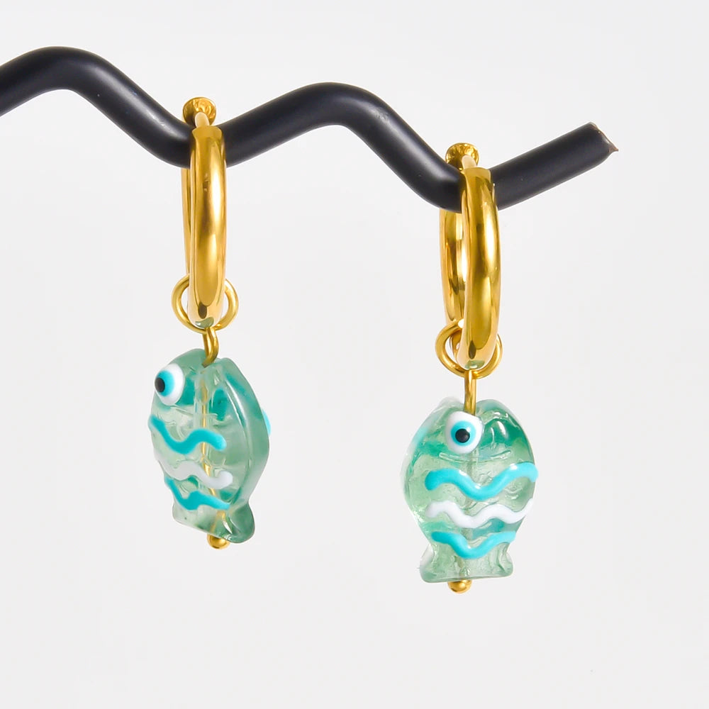 Stainless Steel Colorful Glazed Enamel Fish Hoop Earrings For Women Men Girl Cute Dopamine Fashion Ear Buckle Sea Animal Jewelry