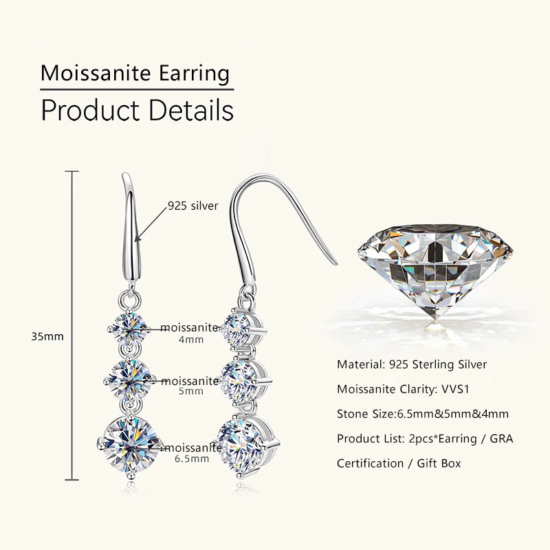 Lnkry 925 Sterling Silver Drop Earring Certified GRA 6.5mm&5mm&4mm Three Stone Moissanite Dangle Earrings For Women Jewelry Gift