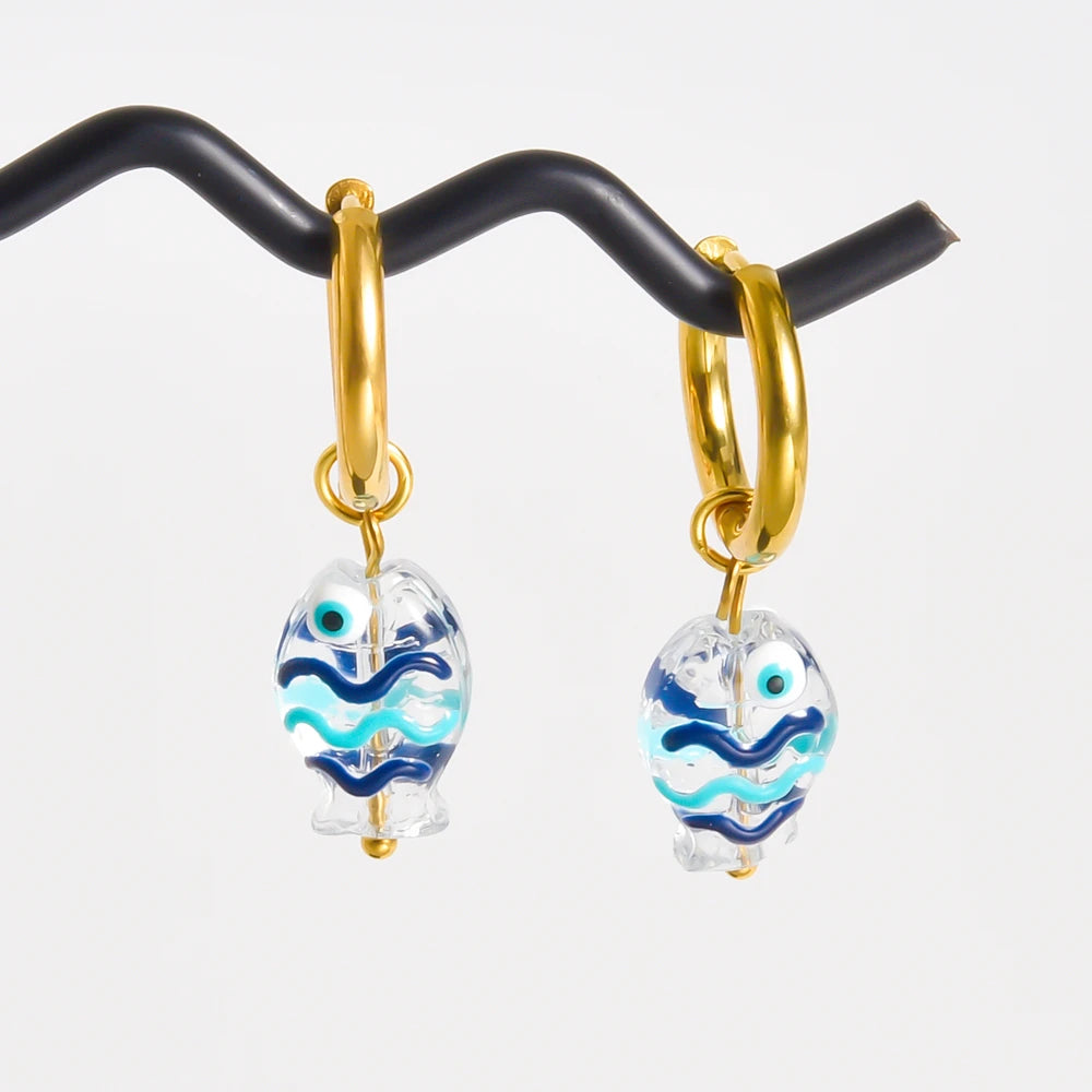 Stainless Steel Colorful Glazed Enamel Fish Hoop Earrings For Women Men Girl Cute Dopamine Fashion Ear Buckle Sea Animal Jewelry