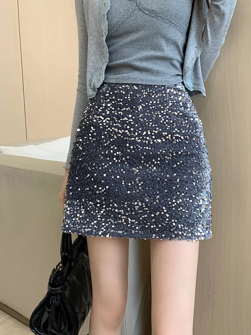 High Waist Sequined Casual A Line Skirts Women 2025 Elegant Korean Fashion Y2k Clothes Sweet Kawaii Black Micro Skirt Harajuku