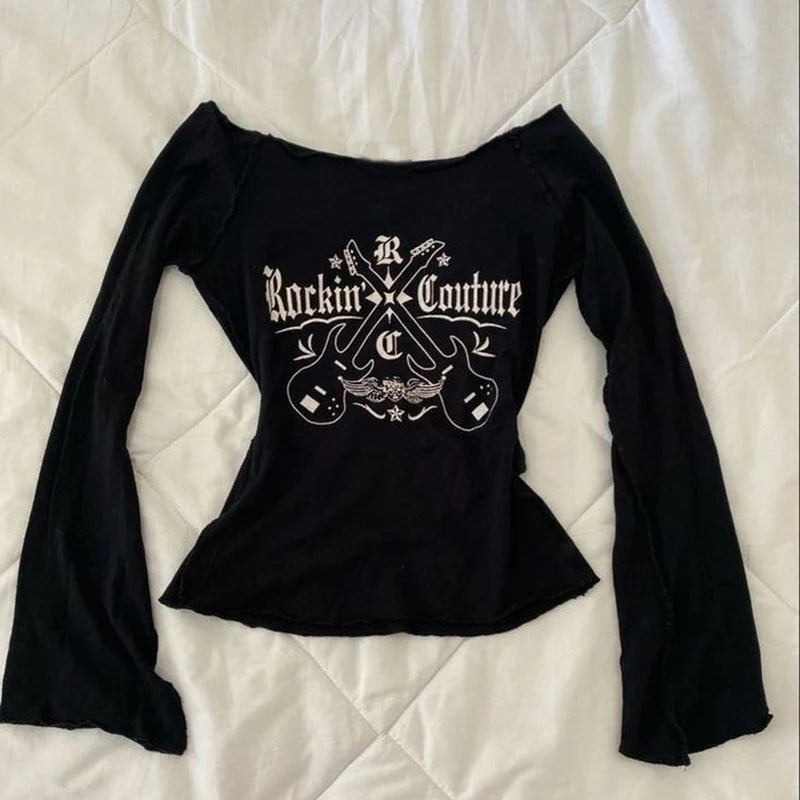 Women's Hip hop 90s Vintage Punk T-Shirt autumn Streetwear Sexy Short Sleeve Gothic Slim Crop Top Hotgirl Casual Femme Tee y2k