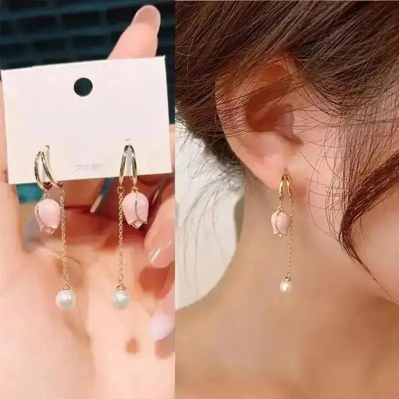 925 Silver Needle Korean Fashion Tassel Pearl Earrings For Women Jewelry 2025 Trending New Vintage Women's Pearl Drop Earrings