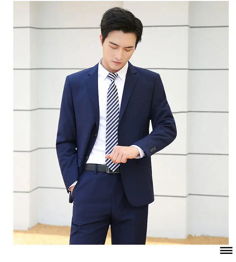 Suit (Blazer+pants) Fashion Business Gentleman Italian Style Slim Solid Color Professional Suit Wedding Groom Best Man Suit