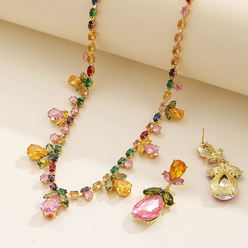 Colorful Zircon Flower Water Drop Charm Necklace Jewelry Sets for Women Elegant Luxury Earrings High-End Bestie Gift Accessories