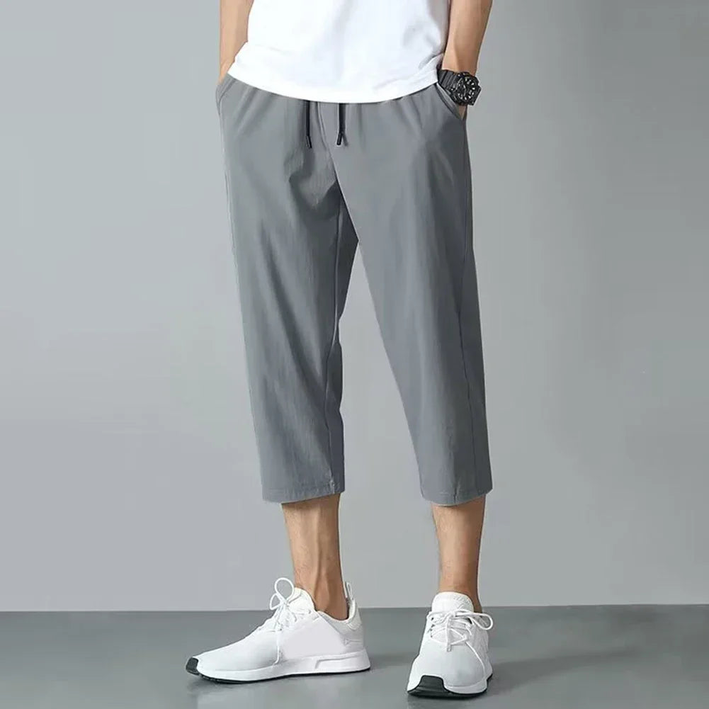 2025 New Summer Men's Ice Silk Pants Hong Kong Style Trendy Loose-Fit Straight-Leg Cropped Pants Korean Version Casual Pants