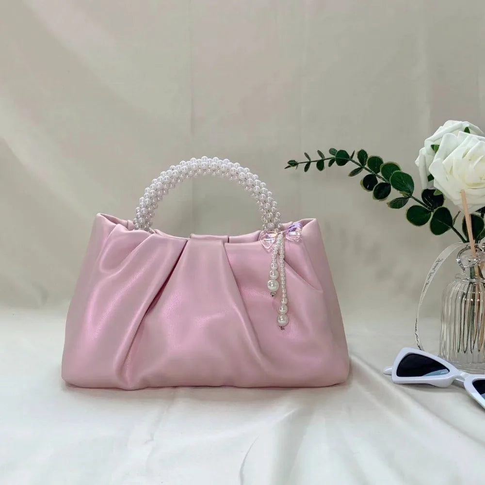 Elegant pink pleated pearl embellished clutch bag - magnetic closure, imitation leather, suitable for weddings and parties