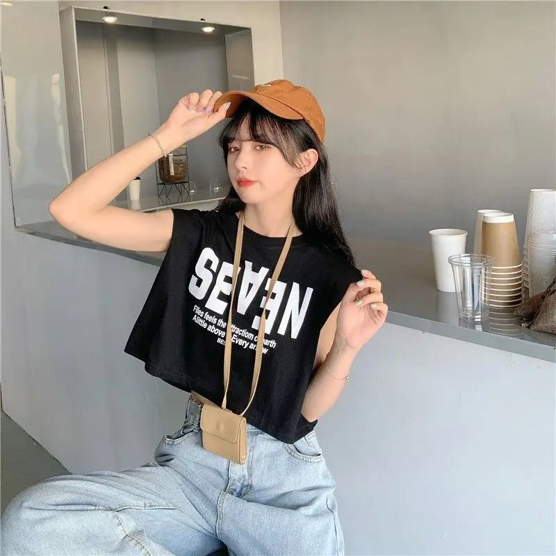 Women Clothing Summer Fashion Casual Letter Solid Color O-neck Female Simplicity Trend Appear Thin Sleeveless Tank Top Cardigan