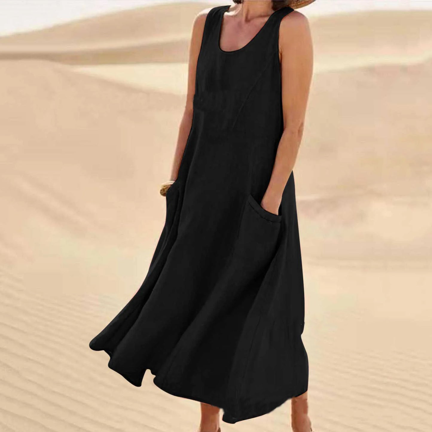 Chic Women Coton Linen Sundress Summer Female Sleeveless Double Big Pocket Loose Sand Beachwear Long Dress Oversized Vestidos