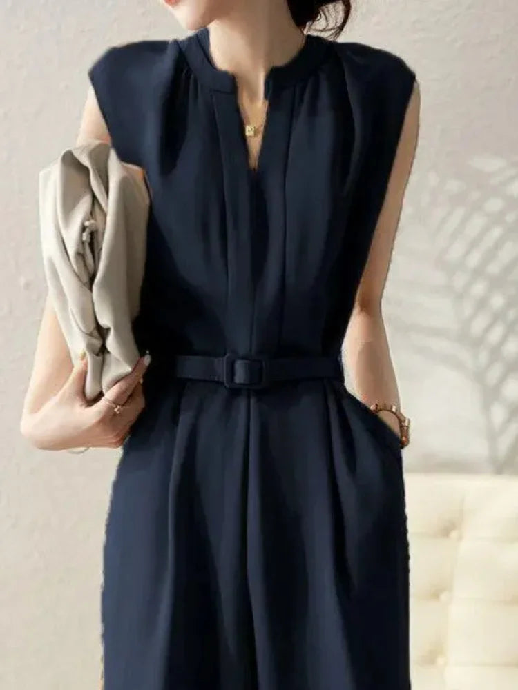 Fashion Casual Wide Leg Pants Rompers Women Bodysuit Sashes Slim Waist V-neck Jump Suit Korean Vintage Suit Summer Jumpsuit