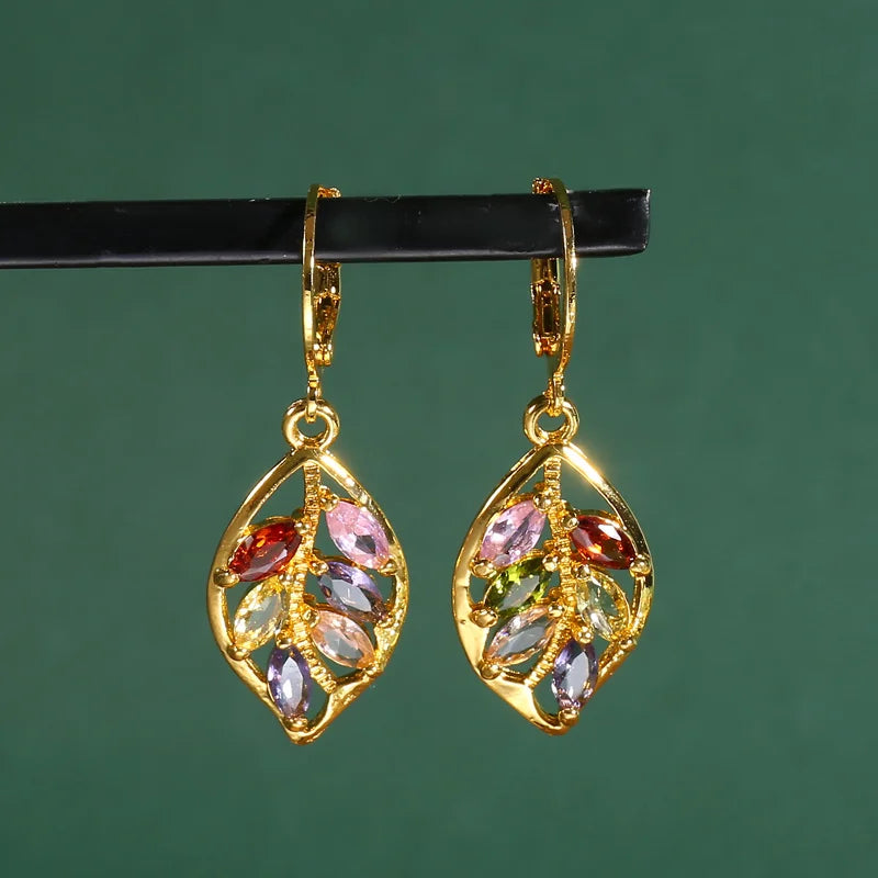Fashionable Golden Leaf Inlaid Colored Zircon Earrings for Women, Exquisite Jewelry, Valentine's Day Gift