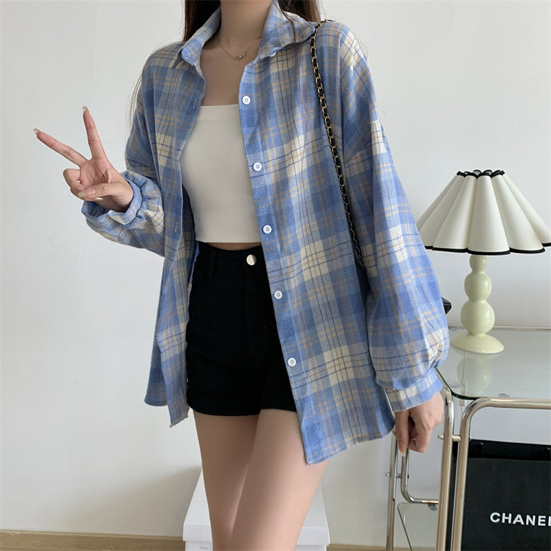 Women Tartan Shirt Long Sleeve Collared Button Up Oversized Plaid Shirt Jacket Grunge Fashion Teenage Girl Spring Summer Outfit