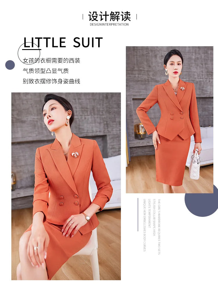 Navy Blue Suits Women 2023 New Spring Autumn Professional Long Sleeve Slim Blazer And Skirt Sets Office Ladies Work Wear Orange