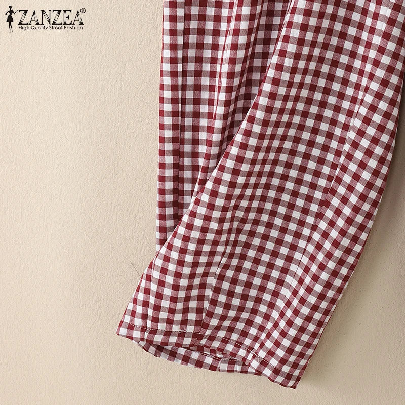 ZANZEA 2025 チェック柄パンツ レディース ファッション ランタンパンツ カジュアル ルーズ ロングパンツ 夏 ポケット 伸縮性ウエスト ボトムス オーバーサイズ