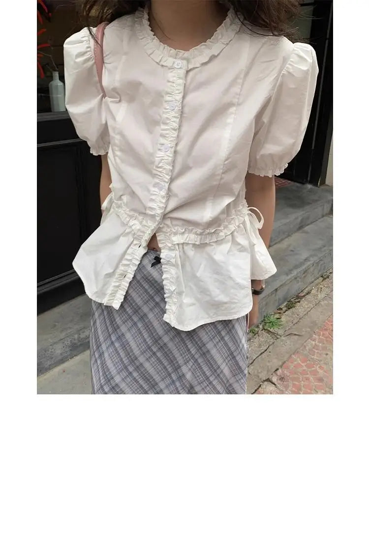 Women French Gentle Style Fungus Edges O-neck Puff Short-sleeved Shirts Summer Lace-up Bow Waist Slimming Single Breasted Blouse
