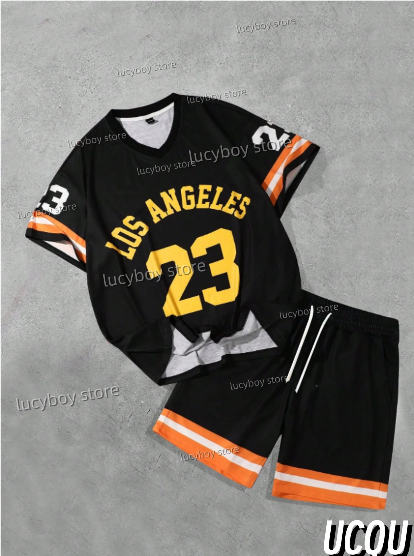 New In NUMBER Print Men's Casual Short Sleeve v-neck T-Shirt Shorts Set Adult Basketball Jogging 2 Piece Set men Clothing