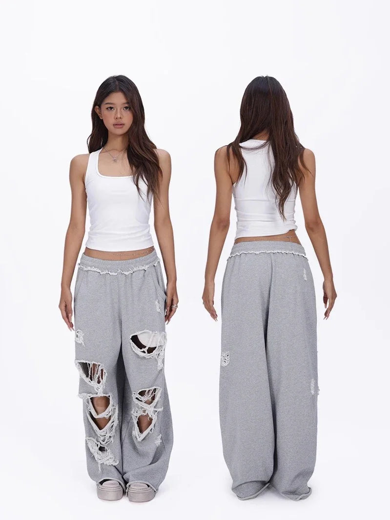 2025 New Distressed Gray Baggy Joggers Women Hip Hop Style Grunge Wide Leg Holes Sweatpants Oversized Gyaru Streetwear Trousers