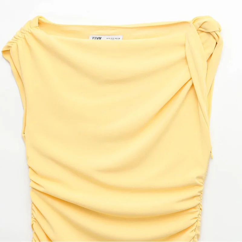 TRAF Asymmetrical Long Dresses 2025 Woman Sleeveless Yellow Midi Dress Ruched Bodycon Party Dresses Women Slit Elegant Dress 088