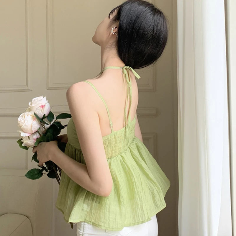 Women Crop Halter Camisole Solid Color Summer Spaghetti Strap Tank Tops Sleeveless T-Shirt for Streetwear Clubwear