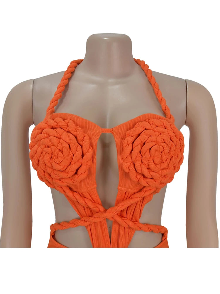 Beyprern Women's Cut-Out Ruched Maxi Dress Orange Sexy Halter Neck Backless High Slit Bandage Party Dresses Birthday Outfits
