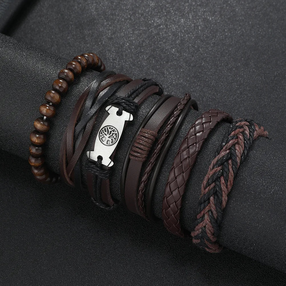 Red 6 Pc/set Tree Black Wrap Woven Handmade Wood Beads Bracelets Male Women Leather Bracelets Men Bangle Wholesale Jewelry Gift