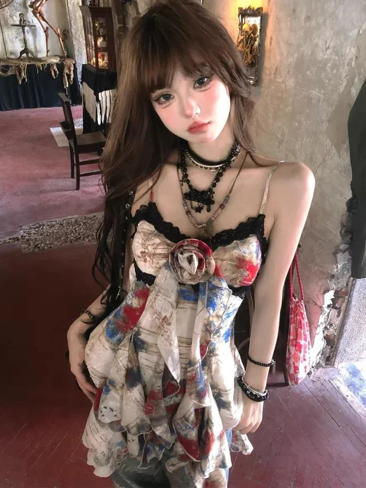 Sweet Print Slim Camisole Summer High Street Coquette Asymmetrical Tees New American Style Sexy Gyaru Halter Top Women Design