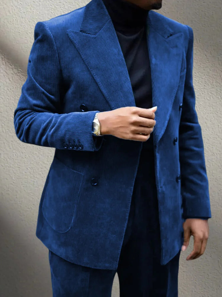 Autumn Winter Corduroy Men's 2 pieces suit Man blue suit Jacket suit Pants Suit Thick top for Wedding Banquet Business