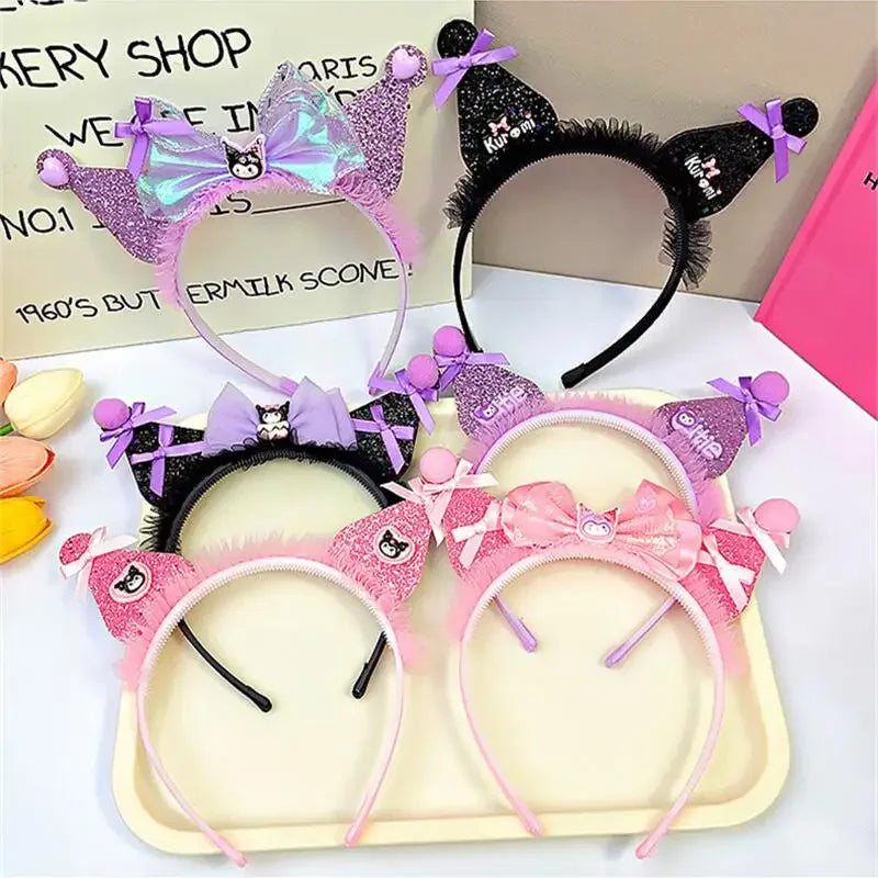 Kawaii Sanrio Kuromi Children Headband Hello Kitty Melody Cinnamoroll Cartoon Bow Shiny Hairband Hair Accessories Christmas Gift