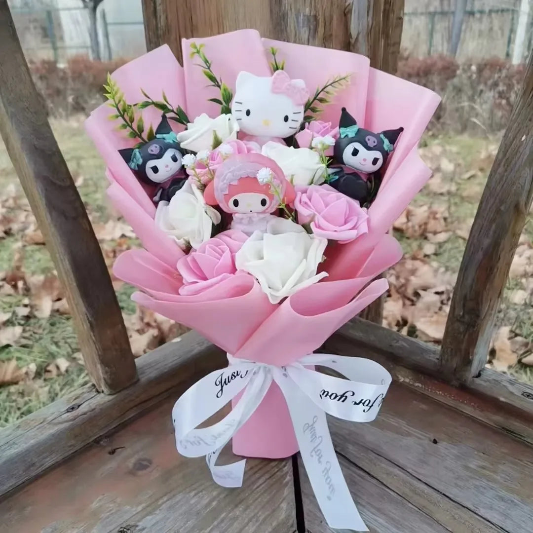 Hello Kitty Cartoon Plush Bouquet Anime Rose Soap Flowers Doll Home Wedding Decoration Christmas Valentine's Day Gift