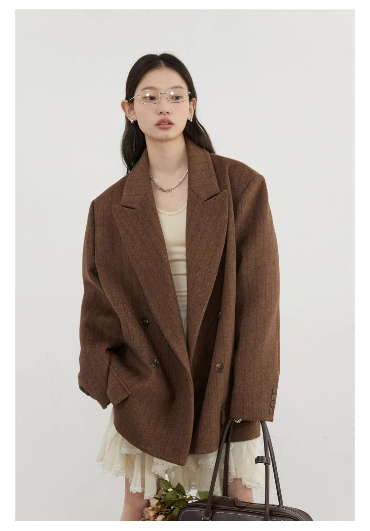 CHIC VEN Women Woolen Blazer Loose Vintage V Neck Female Jacket Suit Double Breasted Office Ladies Coat Spring Autumn 2025
