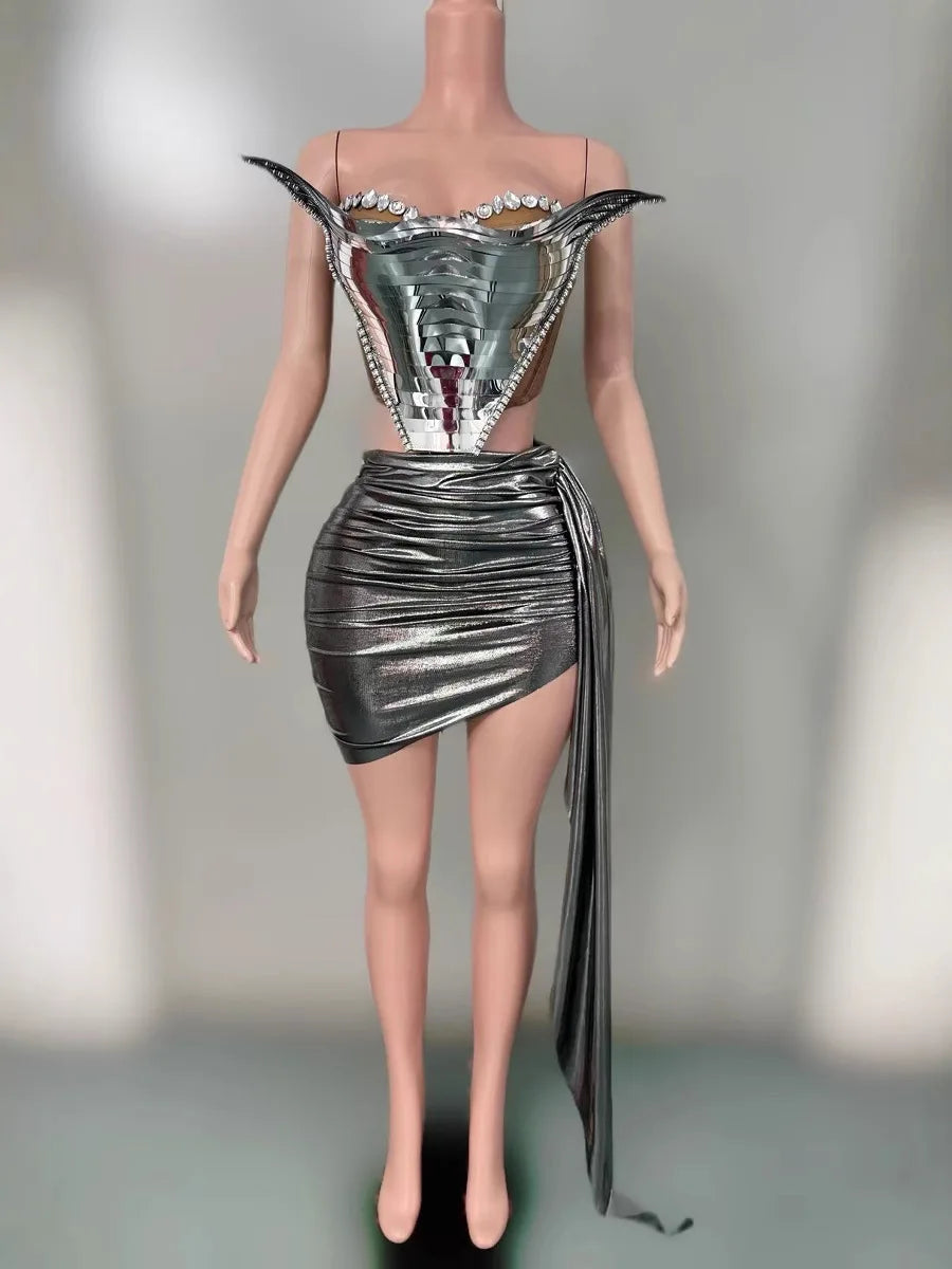 2025 Glamorous Silver Rhinestone Birthday Party Stage Dress Women's Tube Top Hip Skirt Light Luxury Evening Gown Summer Fashion