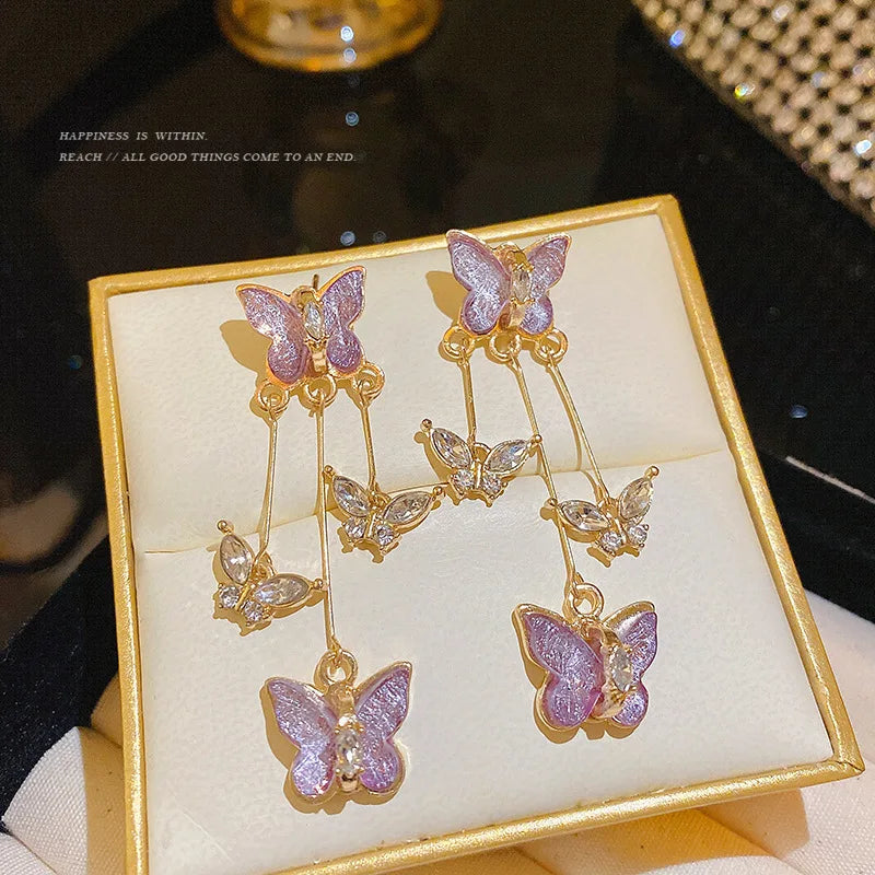 925 Silver Needle Purple Butterfly Long Tassel Earrings For Women Jewelry 2025 Trending Korean Fashion Luxury Crystal Earrings