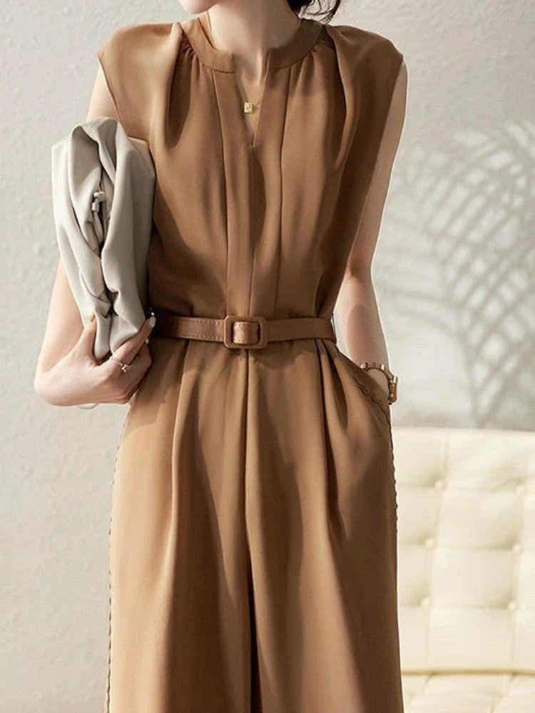 Fashion Casual Wide Leg Pants Rompers Women Bodysuit Sashes Slim Waist V-neck Jump Suit Korean Vintage Suit Summer Jumpsuit