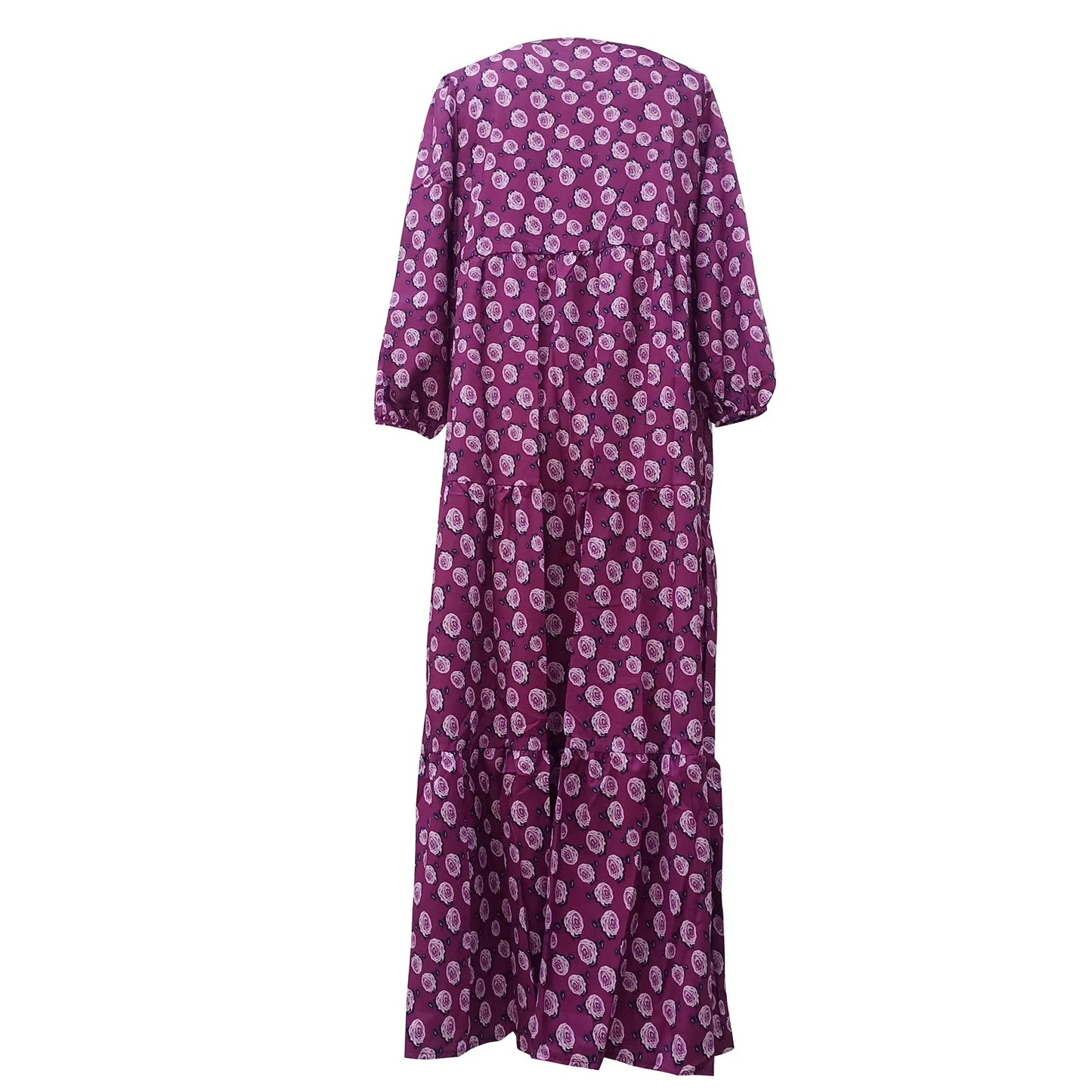 Women's Summer Casual Fashion Geometric Print Neckline Lace-up Bubble Middle-sleeves Ruffle Stitching Big Swing Long Losse Dress